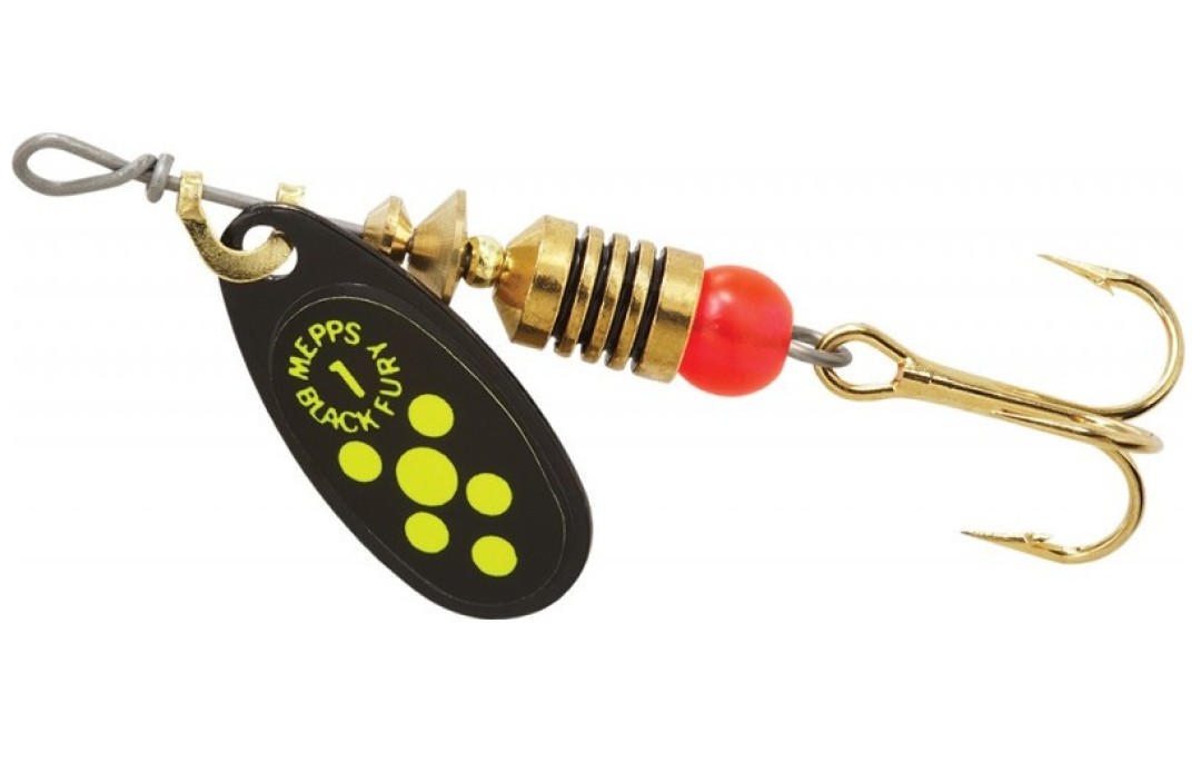 Błystka obrotowa Black Fury czarny seledynowe kropki 1/3,5g Mepps